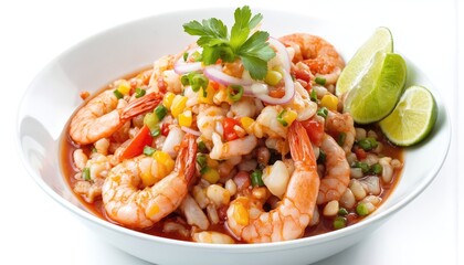 Colorful bowl of Mexican ceviche features fresh shrimp, zesty citrus marinade, diverse seafood. Lime slices garnish, onion rings, parsley as decoration. Culinary presentation offers vibrant,
