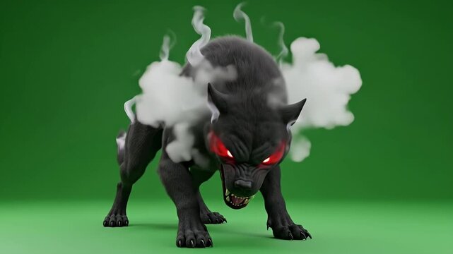 An angry demonic wolf monster with glowing red eyes for chroma key on a green screen