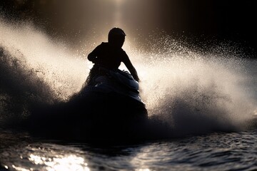 Jet ski rider making sharp turn on water, Dramatic backlight highlights water spray, Silhouette in motion at sunset