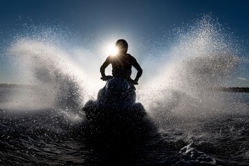 Jet ski rider racing through water as sun peeks behind helmet, Dynamic water spray glistens under clear sky