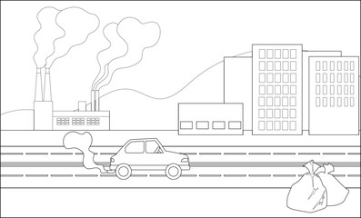 Coloring page with scheme of sources of air pollution caused by human activities: vehicular pollution by car, industrial emissions by factory, garbage bags. Environmental challenges and carbon emissio
