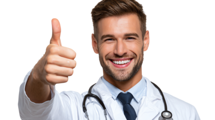 Smiling doctor giving a thumbs up, isolated on white background.