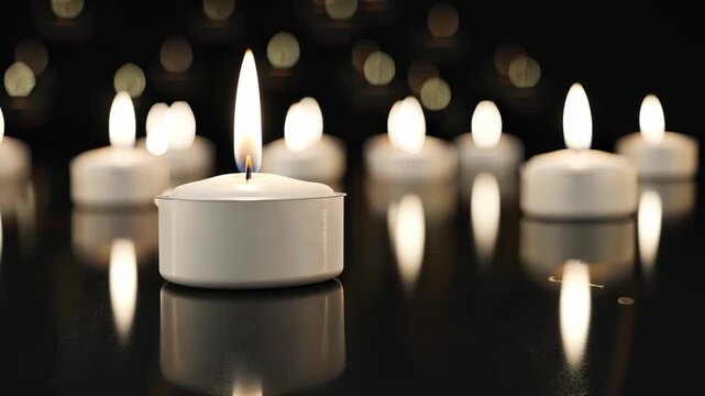 Floating candles illuminate a dark space, casting soft reflections and creating a tranquil ambiance for relaxation and reflection