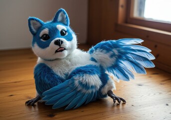 Blue winged husky plush toy sits on wood