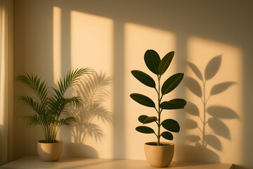 Sunlit Plants and Shadow Play: Indoor greenery basks in natural light, with shadows creating a tranquil scene indoors, evoking feelings of calm and well-being.