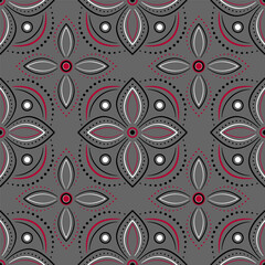 Folklore seamless patterns. Black red floral elements on gray background. Plant ornate ornament in traditional country style. Ornamental background of geometry ethnic square elements