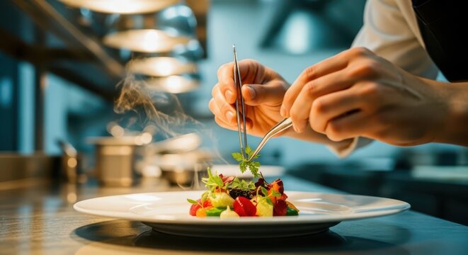 Professional chef hands meticulously garnishing a gourmet dish with fresh herbs and tweezers in a high end kitchen.