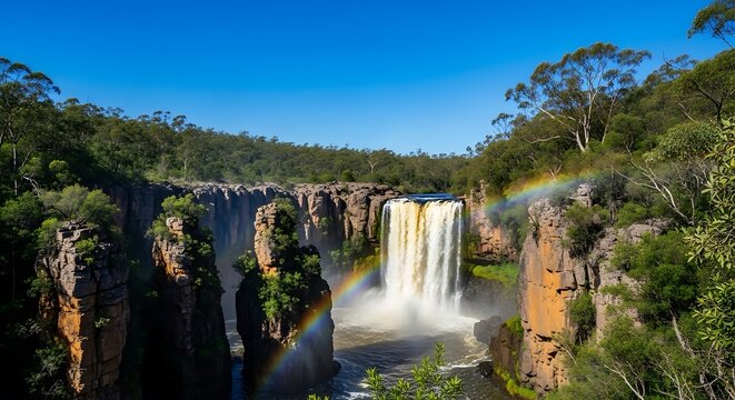 Spectacular Waterfall and Rainbow in Deep Rocky Gorge