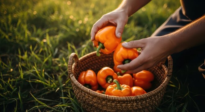 Farmer hands harvesting vibrant orange bell peppers into a rustic woven basket