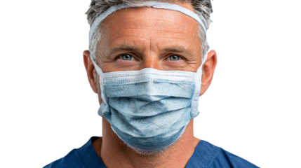 Healthcare professional in a mask smiling with confidence against a white background.