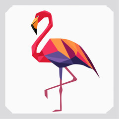 Vibrant polygonal flamingo illustration standing on one leg. A modern low-poly art concept of a colorful geometric bird.