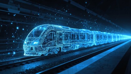 Illustration of digital train on tracks with illuminating points, connections. Wireframe render of futuristic rail transport. Concept for railway tech, datum transfer, digital infrastructure, cargo