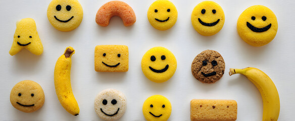Fototapeta premium The cheerful collection of smiley face snacks on a white background.