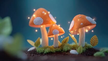 Three glowing orange mushrooms with white spots, nestled in a bed of moss and leaves, bathed in soft light, against a teal-blue background