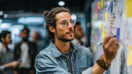 Marketing manager using visual aids on a whiteboard during a team workshop emphasizing measurable targets and dividing workload to boost campaign productivity in a creative
