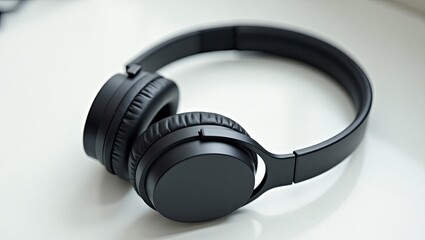 Close-up of a pair of black over-ear headphones.