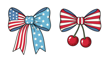 Vector art of two patriotic bows, one with the american flag design and stars, the other with stripes and cherries, symbolizing national pride and celebration