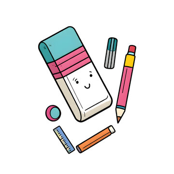A cute, cartoon-style illustration of an eraser with a smiling face, a pencil, a ruler, and a marker. Perfect for back-to-school themes. PNG on transparent background