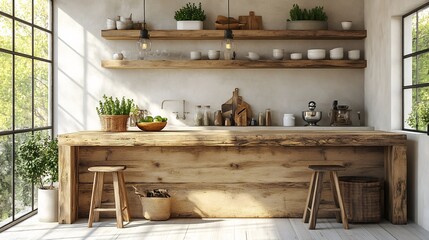 Rustic wooden kitchen island with open shelves and hanging lights creating a warm ambiance