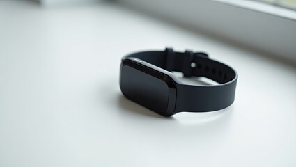 Close-up of a black smart watch on a white surface.