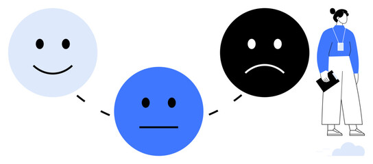 Three expressive faces in a sequence from happy to sad, linked with lines, a person observing nearby. Ideal for emotions, mental health, evaluation, psychology, feedback, decision-making simple flat