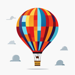 Vibrant hot air balloon with a colorful geometric pattern soaring in the sky. A flat vector illustration for travel and adventure concepts.