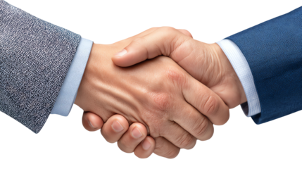 Hands shaking in agreement, symbolizing partnership and teamwork, white isolate background