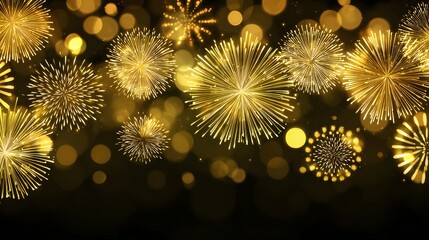 Golden fireworks bursts against a dark background.