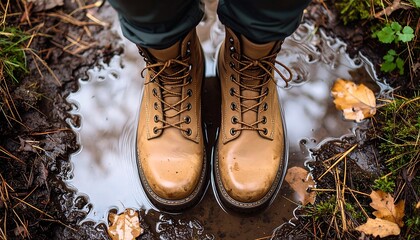 Standing in Puddle Wearing Leather Boots Outdoors