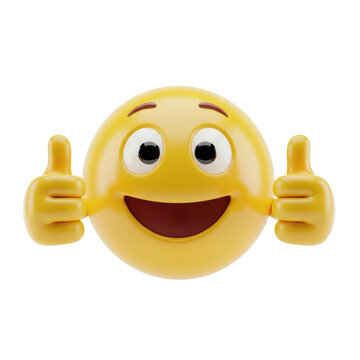 A cheerful, bright yellow 3D emoji face with wide open eyes and a broad smile, giving two thumbs up, isolated on a transparent background with clear copy space. Concept of positive approval and