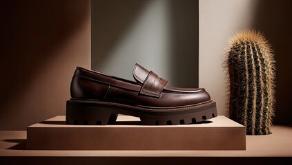 Brown leather loafer on chunky sole, styled against muted backdrop with cactus