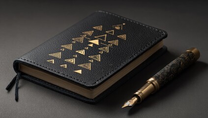 Small dark navy leather-bound notebook with gold embossed triangular design, resting next to a brass fountain pen