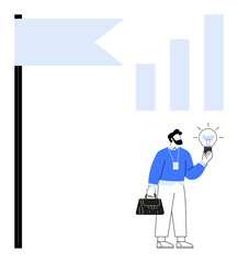 Businessman holding lightbulb as idea, standing near flagpole and bar chart. Ideal for success, growth, leadership, innovation, planning, strategy inspiration. Minimalist simple flat metaphor