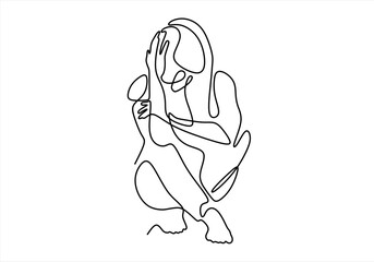 Continuous line drawings of  feeling sad, tired and worried about suffering from depression in mental health. problems, failures and concepts of heartbreak isolated on white background