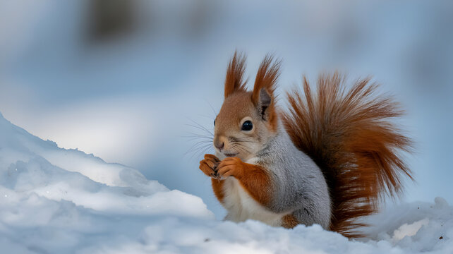 A red squirrel cautiously eats nuts in a snowy forest landscape, illuminated by soft, cool winter daylight.