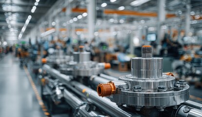 Factory assembly line, industrial machinery, metallic parts, workers blurred background, manufacturing process