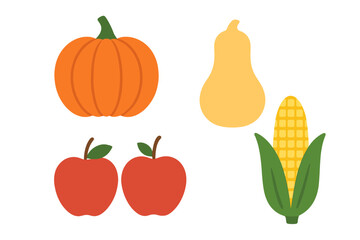 Fresh autumn harvest showcasing a pumpkin, apples, corn, and butternut squash on a white background