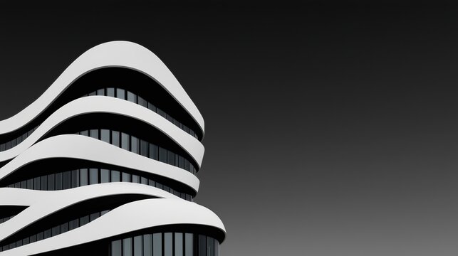 Modern building with wave-like design and large rectangular windows under overcast sky