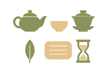 Elegant tea preparation elements in a minimalist design showcasing teapot, cups, and tea leaf