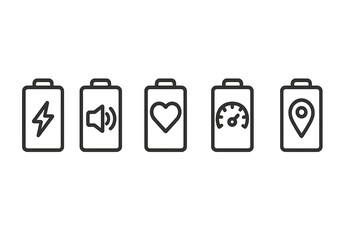Battery icons representing energy levels, notifications, and features in minimalist design style
