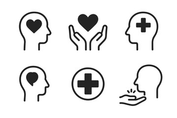 Illustrations depicting mental health symbols emphasizing care, compassion, and well-being through simple line art