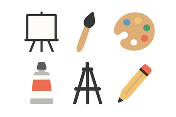 Collection of art supplies including easels, paint tubes, and brushes for creative projects and artistic expression