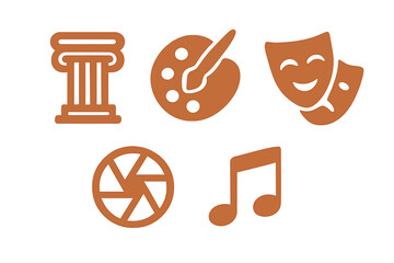 Creative arts icons representing various fields of expression including architecture, painting, photography, theater, and music