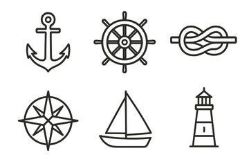 Nautical symbols representing seafaring elements including anchor, compass, ship wheel, sailboat, and lighthouse artfully designed
