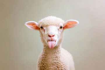 Obraz premium Playful sheep with fluffy coat and humorous expression, sticking its tongue out, showcasing its charming personality on soft background