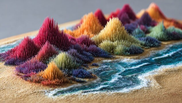 Colorful miniature landscape with textured peaks and flowing water