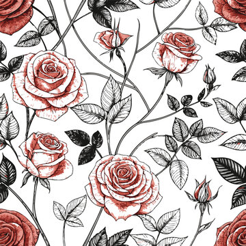 Seamless vintage floral pattern with red roses, leaves, and blossoms for a beautiful vector wallpaper design