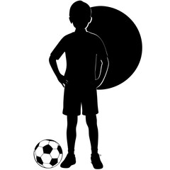 Boy with soccer ball full body standing pose silhouette vector illustration