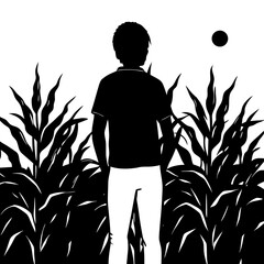 Boy standing in corn field at night silhouette vector illustration