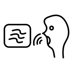 Outlined black glyph depicts a person speaking with a text bubble containing 